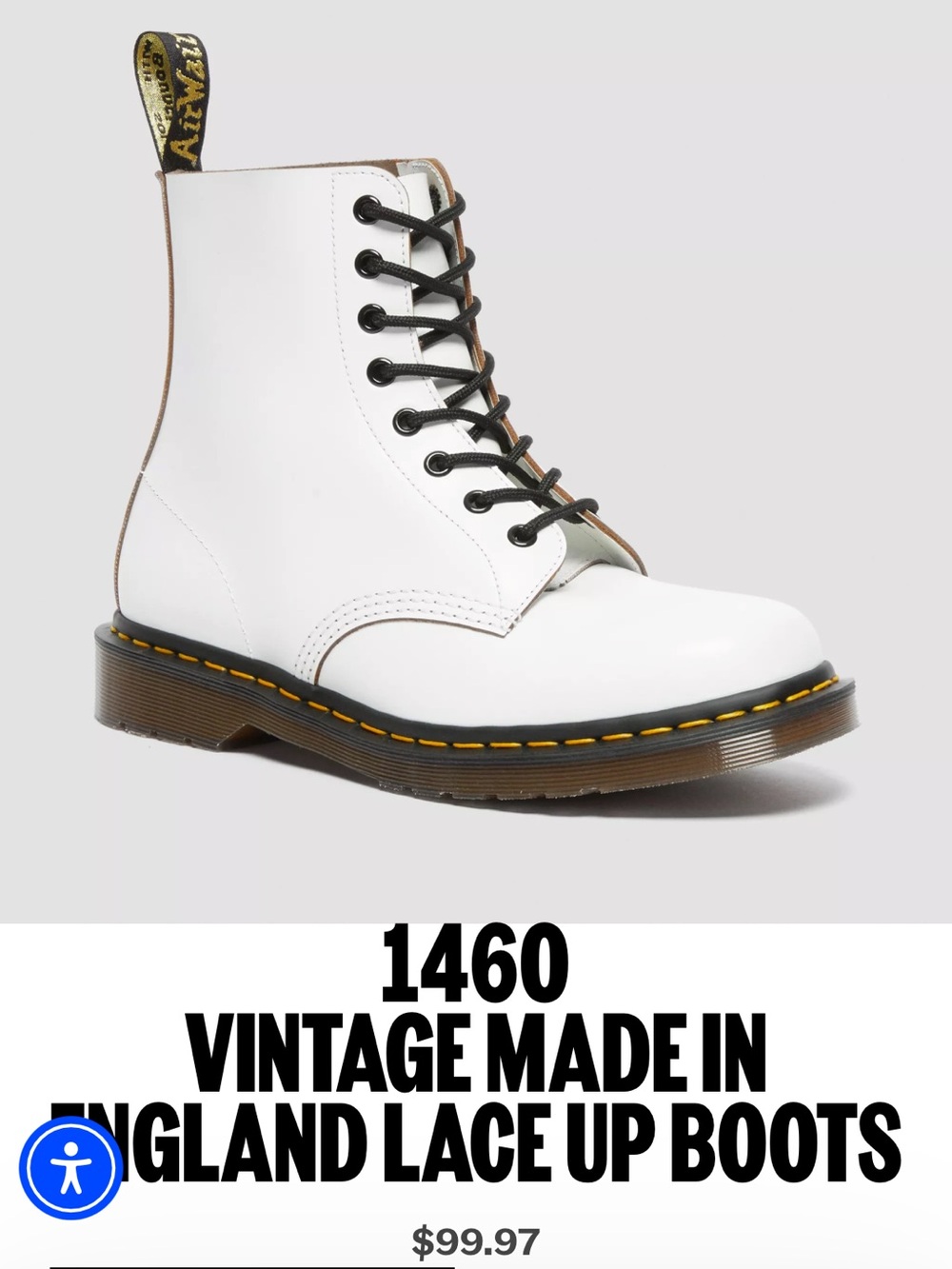 Dr. Martens 1460 White Leather Lace-Up Boot with Yellow Welt Stitching
